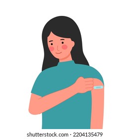 Vaccinated woman with plaster on arm in flat design on white background.