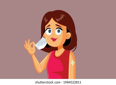 Vaccinated Woman Taking Her Mask Off Vector Illustration

Person not required to wear a mask after having anti covid vaccine immunization
