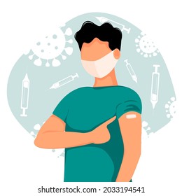 Vaccinated young man showing at the arm. The concept of vaccination, health, the spread of the vaccine, healthcare, call of fight against coronavirus. Colorful vector illustration in flat style.	