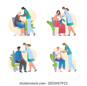 Vaccinating People Set. Collection Of Images Of People Being Vaccinated At Clinic. Civic Responsibility, Health Care, Coronavirus. Cartoon Flat Vector Illustration Isolated On White Background