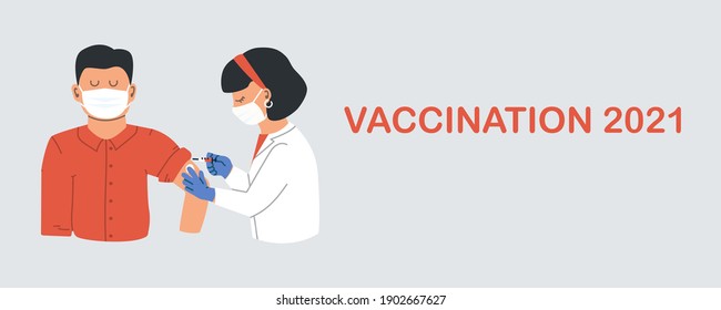 Vaccination 2021. Doctor or nurse wearing a protective mask injects a vaccine into a man. Flu healthcare and vaccine concept. Vector flat illustration in trending style EPS 10. Copy space.