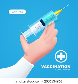 Vaccination 3D design. Coronavirus 2019 Vaccile. Stop Coronavirus design with realistic syringe. Healthcare