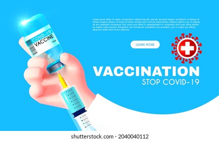 Vaccination 3D design. Coronavirus 2019 Vaccile. Stop Coronavirus design with realistic syringe and vaccine vial. Healthcare