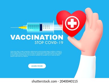 Vaccination 3D design. Coronavirus 2019 Vaccile. Stop Coronavirus design with realistic syringe and heart. Healthcare