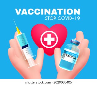 Vaccination 3D design. Coronavirus 2019-nCoV Vaccile. Stop Coronavirus design with realistic syringe and vaccine vial. Healthcare