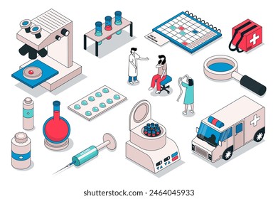 Vaccination 3d isometric mega set. Collection flat isometry elements and people of vaccine syringe, injection process, immunization calendar, laboratory virus research, ambulance. Vector illustration.