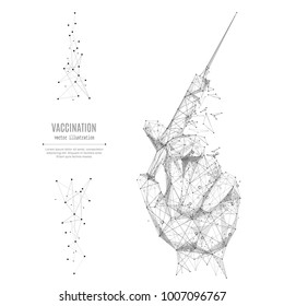 Vaccination. Abstract mash line and point syringe in hand origami on white background with an inscription. Starry sky or space, consisting of stars and the universe. Vector medicine illustration