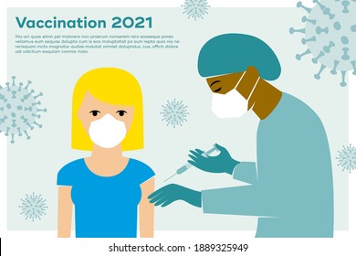 Vaccination against Corona, Covid-19, colored doctor with face mask and syringe vaccinates blonde woman