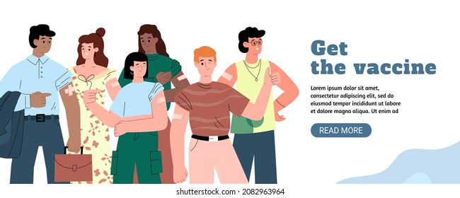 Vaccination against coronavirus COVID-19 or flu banner template with group of young smiling people, flat vector illustration. Immunization and vaccination poster.