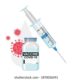 Vaccination against coronavirus Covid-19 with vaccine vial and syringe for covid19 prevention treatment. Modern flat web design concept. Vector illustration.