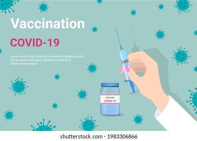 Vaccination against the coronavirus COVID-19.Coronavirus vaccine, universal vaccination, protection against infection.The doctor's hands are vaccinated with a syringe.Vector poster and banner.