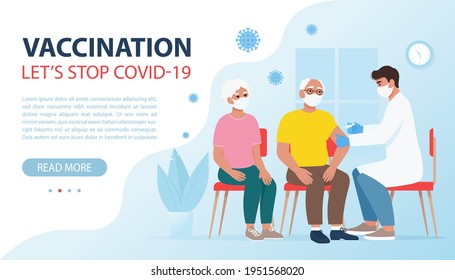 Vaccination against coronavirus. Doctor making Injection to elderly people. Let's stop Covid-19 concept. Vector illustration in flat style, template for banner, web page