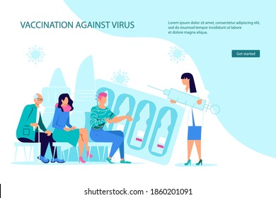 Vaccination against coronavirus Landing webpage template. Tiny female doctor with a huge syringe makes vaccinations, people are waiting for their turn. Flat Art Vector Illustration