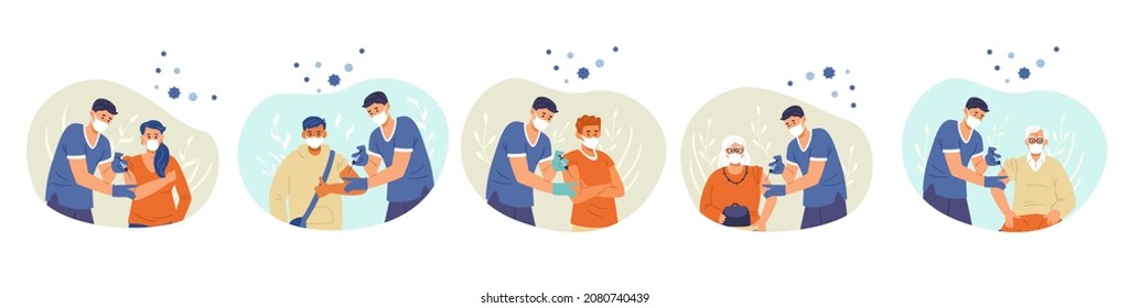 Vaccination against coronavirus set of vector flat spot illustrations. Different men and women getting vaccine shots.