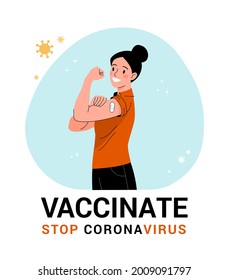 Vaccination against coronavirus. Vector illustration of a young cartoon smiling woman who has been vaccinated and shows her hand with a plaster. Isolated on background