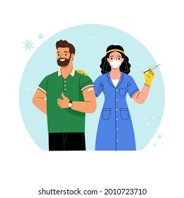 Vaccination against coronavirus. Vector illustration of cartoon doctor with a syringe in her hand and a patient with a plaster on his shoulder. Isolated on background