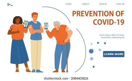 Vaccination Against Coronavirus Vector Landing Page Template. Multiracial People Showing Hands With Patches And Holding Phones With Vaccination Certificate.