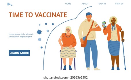 Vaccination Against Coronavirus Vector Landing Page Template. Multiracial Young And Senior People Showing Hands With Patches And Holding Phones With Vaccination Certificate.