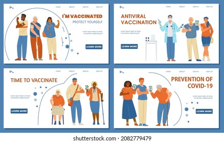 Vaccination against coronavirus vector set of landing page templates. Happy senior and young men and women showing hands with patches or holding phones with vaccination certificate.