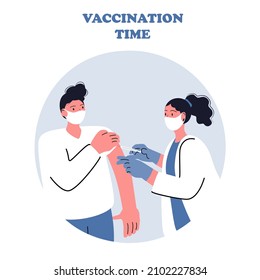 Vaccination against coronavirus. A woman wearing a mask is vaccinated against Covid-19 at a hospital. The doctor injects the corona virus vaccine by giving the patient injections.