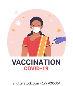 Vaccination against COVID-19 banner template. Vector modern illustration of a young adult Indian woman in a red sari and a doctor's hand with a syringe. Isolated on abstract background