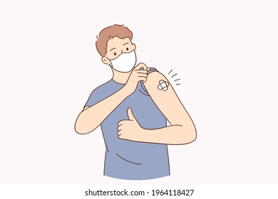 Vaccination against covid-19 concept. Young Man wearing face mask standing and showing his vaccinated arm received corona vaccine looking at camera vector illustration 