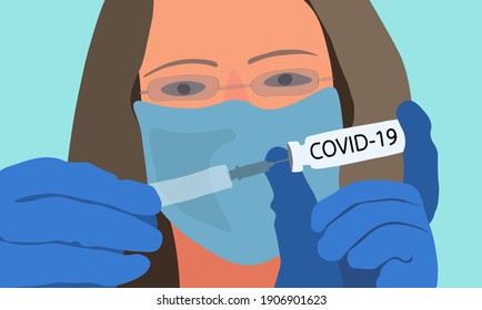 Vaccination against COVID-19, the doctor holds the vaccine in his hands and draws the contents of the vial into the syringe. Woman in medical mask, glasses and gloves close-up narilovan in flat style.