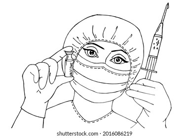 Vaccination against Covid-19, a doctor in protective mask holding a vial of vaccine and shpri, nurse injection vaccine medicine. Illustration of female doctor holding syringe