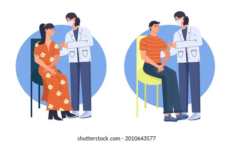 Vaccination against covid-19. The woman was vaccinated by a doctor. The doctor vaccinates the man. Vector illustration.