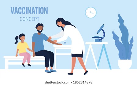 Vaccination against disease or global Covid-19 pandemic concept with young father and daughter being vaccinated at a doctors surgery, colored flat cartoon vector illustration with fictional characters
