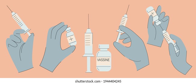 Vaccination and vaccination against the virus. Set of isolated vector illustrations. Image of hands in medical gloves holding syringes and vaccine containers. Protection against viral infection,