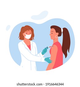 Vaccination against viruses, antiviral medicine healthcare measures vector illustration. Cartoon doctor character in medical mask injects vaccine in patient shoulder, immunization isolated on white