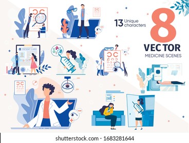 Vaccination Against Viruses, Sight Problems, Eye Diseases Treatment, Medical Insurance Trendy Flat Vector Scenes, Concepts Set. Patient Visiting Ophthalmologist, Waiting for Appointment Illustrations