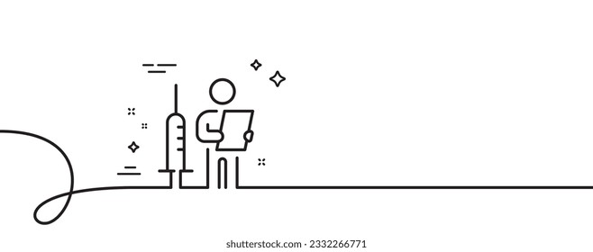 Symbol für die Impfankündigung. Kontinuierlich eine Linie mit curl. Menschen Impfstoffspritze Schild. Symbol für Injektionsjab. Ankündigung der Impfung einzelne Rahmenband. Loop-Kurve Muster. Vektorgrafik