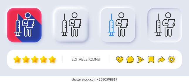 Vaccination announcement line icon. Neumorphic, Flat shadow, 3d buttons. People vaccine syringe sign. Injection jab symbol. Line vaccination announcement icon. Social media icons. Vector