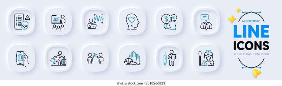 Anúncio de vacinação, Serviço de suporte e ícones de linha de ataque cibernético para aplicação Web. Pacote de Enfermeiro, Saúde mental, Ícones do pictograma de apresentação. Atraso de viagem, aplicativo de bagagem, sinais de dinheiro. Vetor