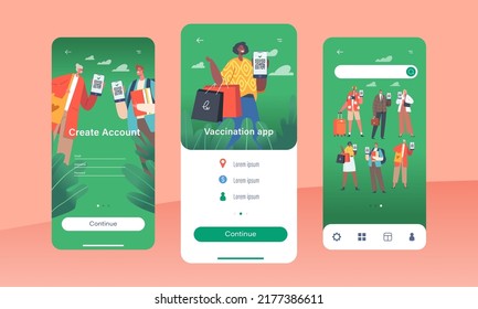 Vaccination App Mobile Page Onboard Screen Template. People Show Certificates With Qr Code On Device Screen. Vaccinated Men And Women Using Health Passports Concept. Cartoon People Vector Illustration svg
