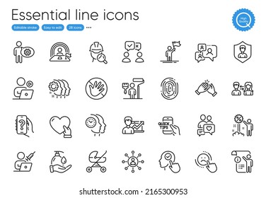 Vaccination appointment, Dating chat and Lgbt line icons. Collection of Cogwheel, Discount, Dislike icons. Wash hands, Networking, Employees teamwork web elements. Fingerprint. Vector