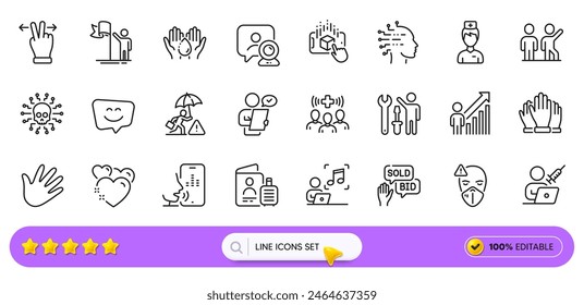 Iconos de la cita de vacunación, resultado del empleado y línea de correo de voz para el App del Web. Pack de Liderazgo, Oferta de ofertas, Iconos de pictogramas de Trabajo en Equipo. Ciberataque, gesto de pantalla táctil, señales del personal médico. Vector