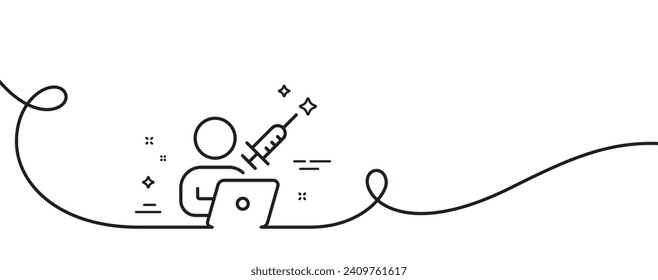 Icono de la línea de cita para vacunación. Una línea continua con curl. Cartel de la vacuna. Símbolo del programa de inyecciones. Cinta de esquema único para la cita de vacunación. Patrón de curva de bucle. Vector