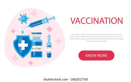 Vaccination background. Web design modern flat concept. Vector illustration with syringe with vaccine, bottle, ampoule and virus.