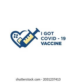 Vaccination badge with the words I got the covid 19 vaccine. Combination of wound plaster, syringe and heart icon