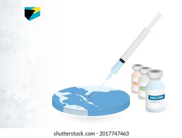 Impfung in den Bahamas mit verschiedenen Arten von COVID-19-Impfstoffen. С mit der Impfung in der Karte der Bahamas beginnen. Vektorgrafik.