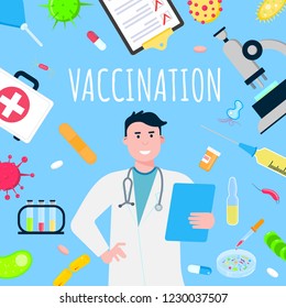 Vaccination Banner Konzept flach Design Poster. Männlicher Arzt Mitarbeiter darauf umhüllt von Krankenhausausrüstung und Medikamenten. Tagesbanner für die Grippeerkrankung des Arztes.