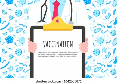 Vaccination banner concept flat style design poster. Male man doctor employee on it holding clipboard and arounded with hospital equipment and medicines. Medical awareness flu, polio influenza banner.