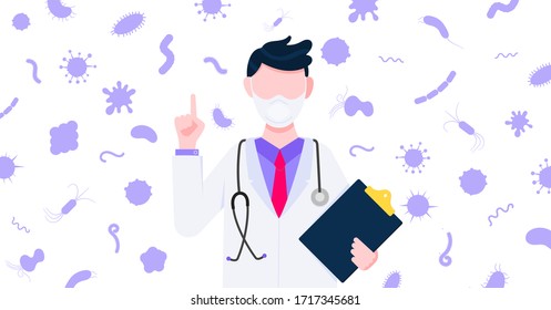 Vaccination banner concept flat style design poster. Male man doctor employee on it holding clipboard and arounded with microbes and viruses. Medical awareness flu, polio influenza banner.