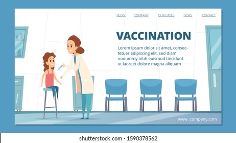 Vaccination banner. Kids vaccination, immunization vector concept. Cartoon doctor pediatrician inoculates child illustration