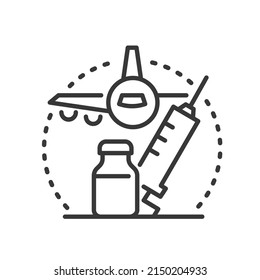 Vaccination before the flight - vector line design single isolated icon on white background. High quality black pictogram. Image of plane, syringe and medicine. Health care while traveling idea