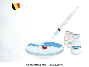 Vaccination in Belgium with different type of COVID-19 vaccine. Сoncept with the vaccine injection in the map of Belgium. Vector illustration.