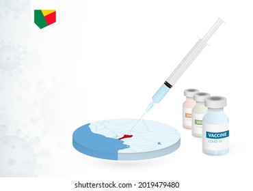 Vaccination in Benin with different type of COVID-19 vaccine. Сoncept with the vaccine injection in the map of Benin. Vector illustration.